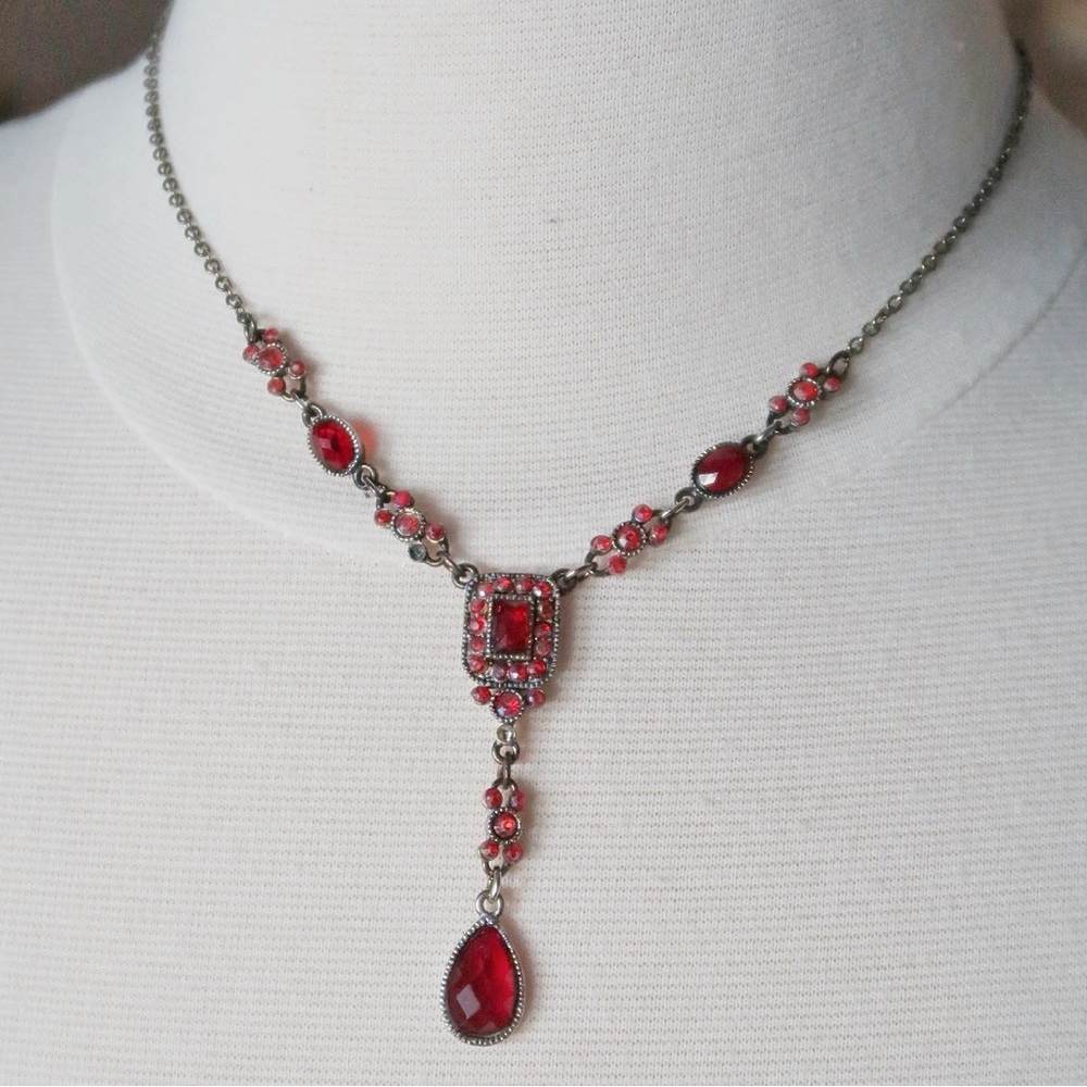 Avon Vintage Red Crystal Y-Drop Necklace